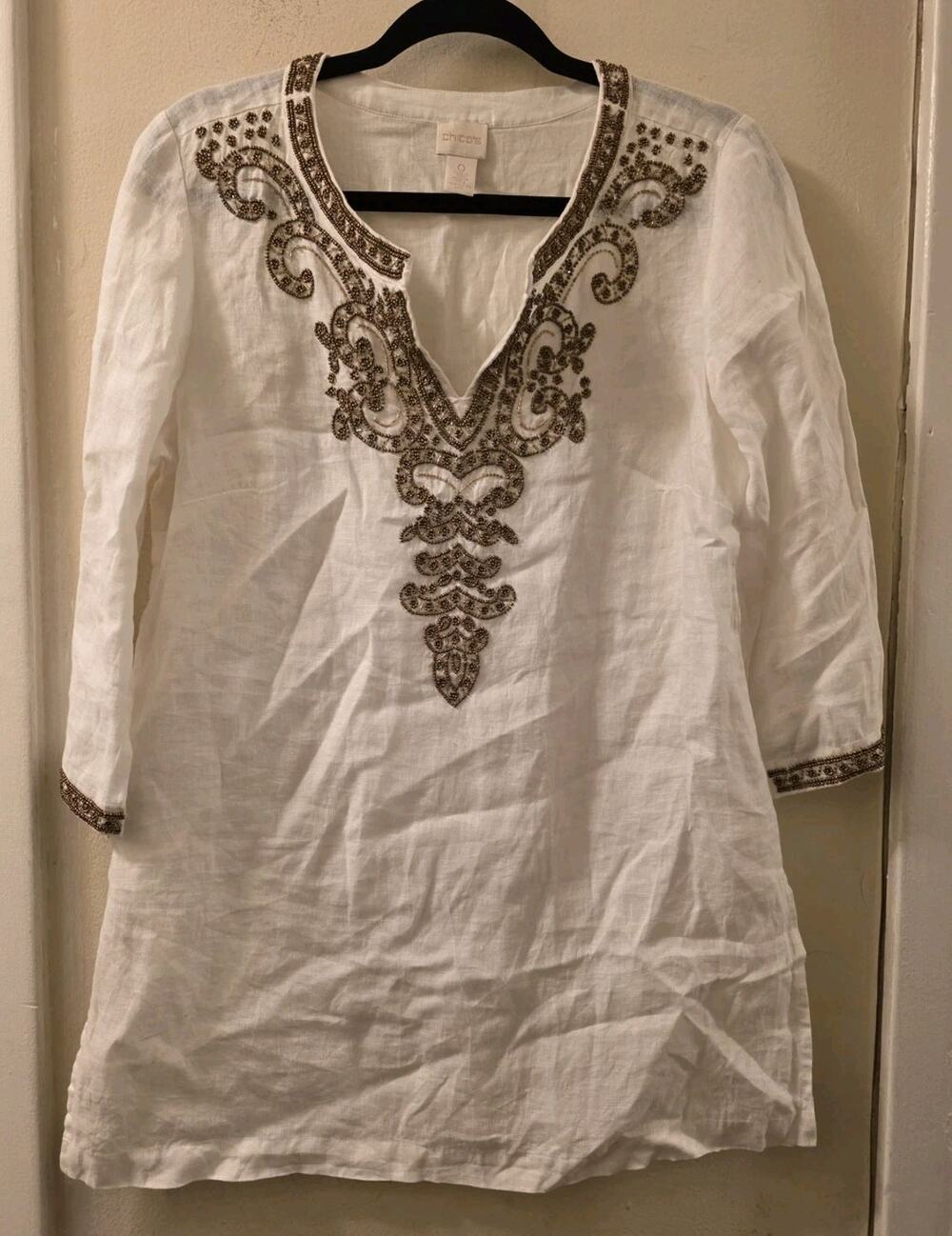 Chico's 100% Linen Beaded Tunic Blouse Top White Gold Size 0 Summer Beachy S